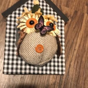 Fall Owl  on a checkered house with a butterfly perched on his nose.